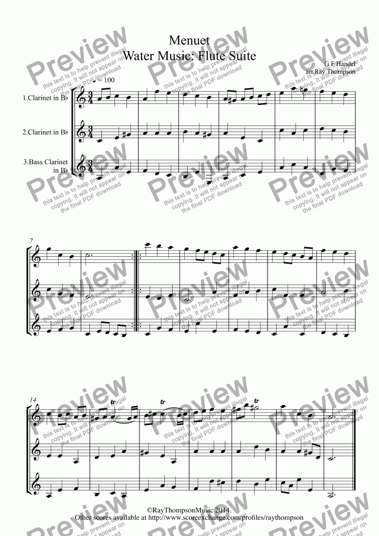 page one of Water Music: Menuet (Flute Suite) (2 clarinets & bass clarinet)