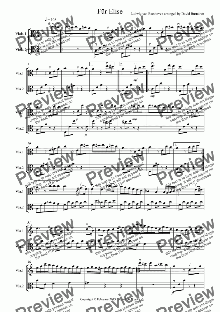 page one of Für Elise for Viola Duet
