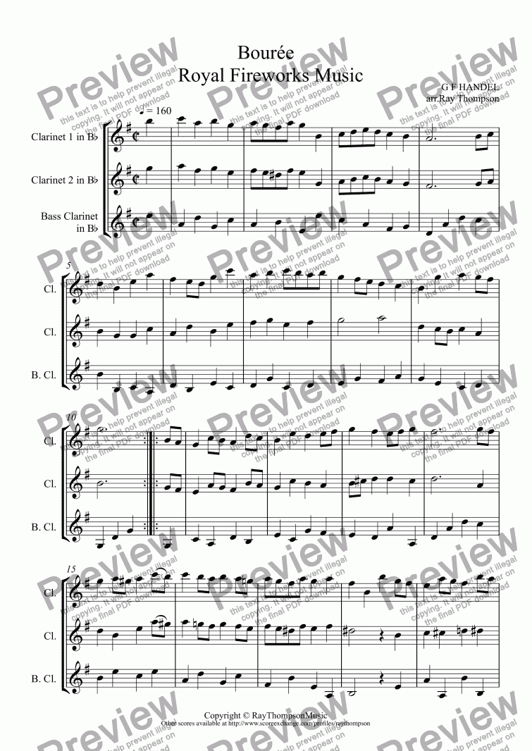 page one of Royal Fireworks Music: Bourée  (2 clarinets & bass clarinet) 