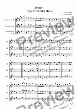 page one of Royal Fireworks Music: Bourée  (2 clarinets & bass clarinet) 