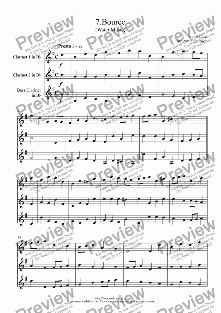 page one of Water Music: Bourée (2 clarinets & bass clarinet)