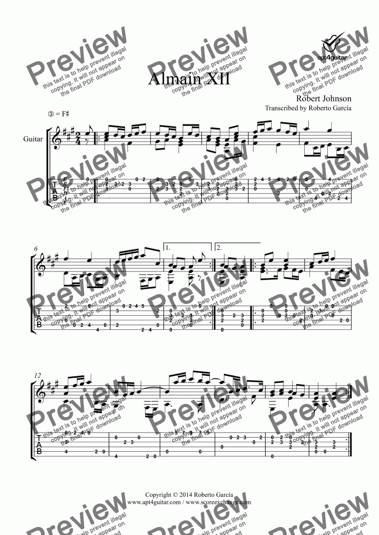 page one of Almain XII for solo guitar
