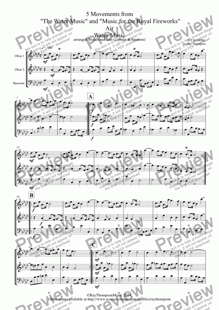 page one of Handel: 5 Woodwind Trios from "The Water Music" and "Music for the Royal Fireworks": Water Music: Air,Bourée,Menuet (Flute Suite) - Royal Fireworks Music: Bourée,Menuet & Trio (2 oboes & bassoon)
