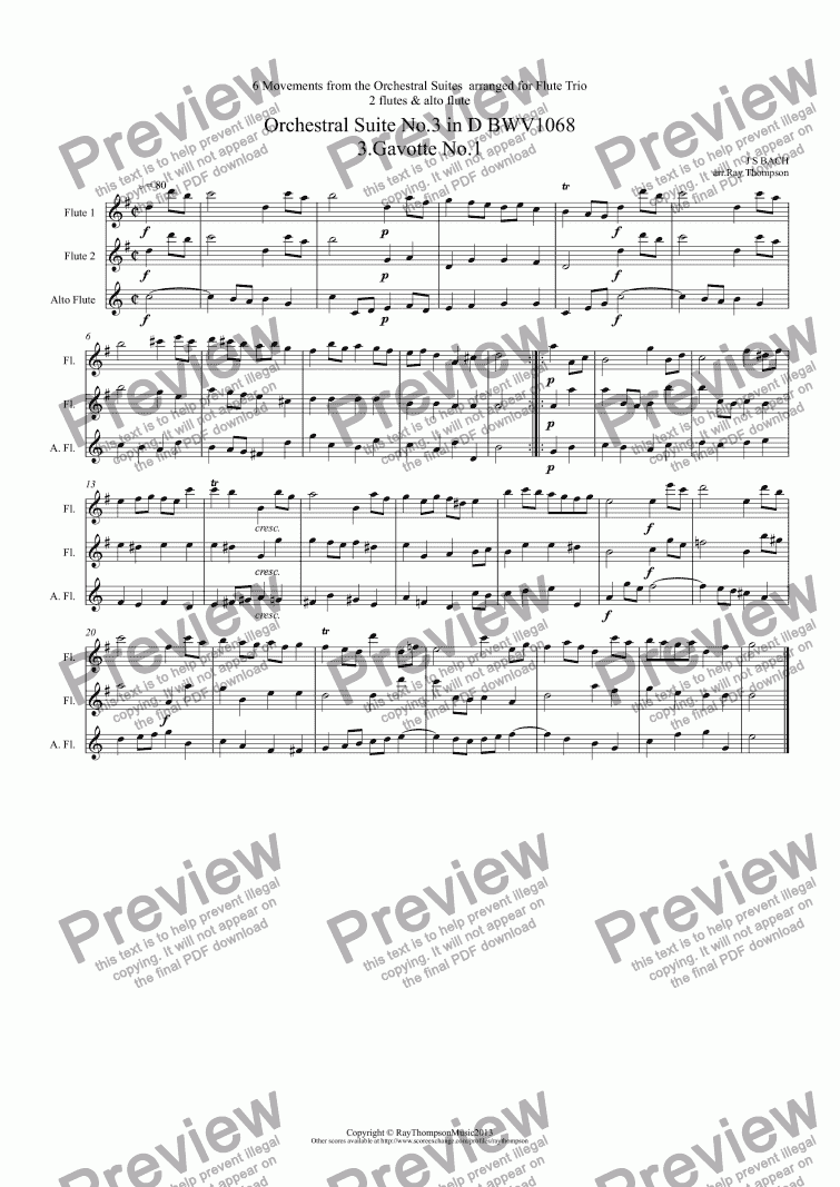 page one of Bach:6 Movements from Orchestral Suites Nos.2 & 3: Suite No.3: Gavotte I, Gavotte II & Bourée - Suite No.2: Rondeau, Menuet & Badinerie (Flute Trio:2 flutes & alto flute) 