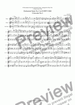 page one of Bach:6 Movements from Orchestral Suites Nos.2 & 3: Suite No.3: Gavotte I, Gavotte II & Bourée - Suite No.2: Rondeau, Menuet & Badinerie (Flute Trio:2 flutes & alto flute) 