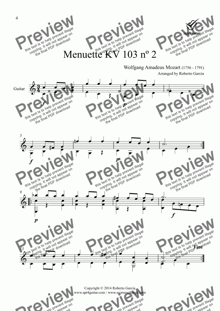 page one of Menuette KV 103 nº 2 for solo guitar