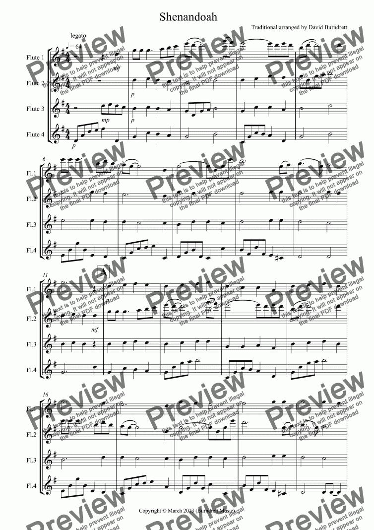 page one of Shenandoah for Flute Quartet