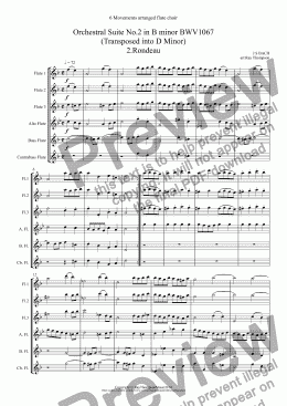 page one of Bach: 6 movements form Orchestral Suite No.2 in B minor BWV1067 (Transposed into D Minor) 2.Rondeau 3.Sarabande 4.Bourée I & II 5.Polonaise & Double 6.Menuet 7.Badinerie (Flute quintet: 3fl alto bass and opt.contrabass)