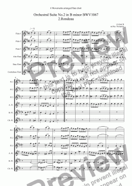 page one of Bach: 6 movements form Orchestral Suite No.2 in B minor BWV1067 (Original key of B Minor) 2.Rondeau 3.Sarabande 4.Bourée I & II 5.Polonaise & Double 6.Menuet 7.Badinerie (Flute quintet: 3fl alto bass and opt.contrabass)