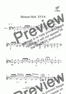 page one of Menuet Hob. XVI:8 for solo guitar
