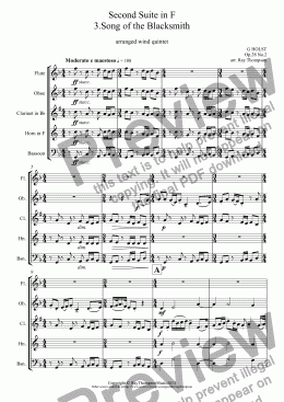 page one of Holst: Second Suite in F for Military Band: III.Song of the Blacksmith (arranged wind quintet)