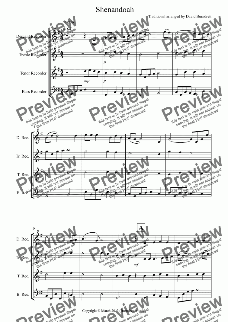 page one of Shenandoah for Recorder Quartet
