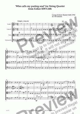 page one of ’Who calls my parting soul’ for String Quartet from Esther HWV.50b