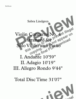 page one of Violin Concerto No. 4 Arranged for Solo Violin and Piano II. Adagio