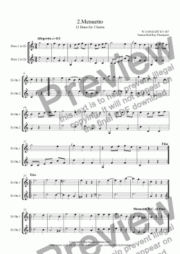 page one of Mozart: 12 Duets for Horn KV487: 2.Menuetto (French Horn Duet)