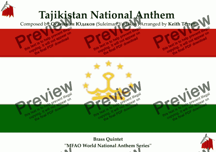 page one of Tajikistan National Anthem for Brass Quintet (MFAO World National Anthem Series)