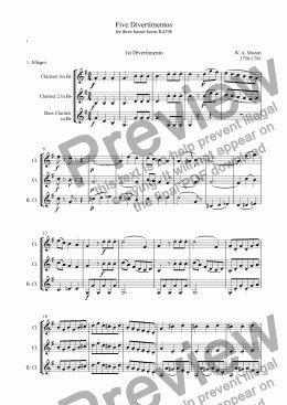 page one of Mozart: Divertimento No.1 Mvt. 1.Allegro (Five Divertimenti for  basset horn trio K439b): arranged clarinet trio: 2 cl & bass cl)