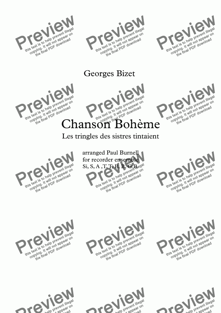 page one of Chanson Bohème, arranged for recorder ensemble Si,S,A,T,T,B,B,Gb