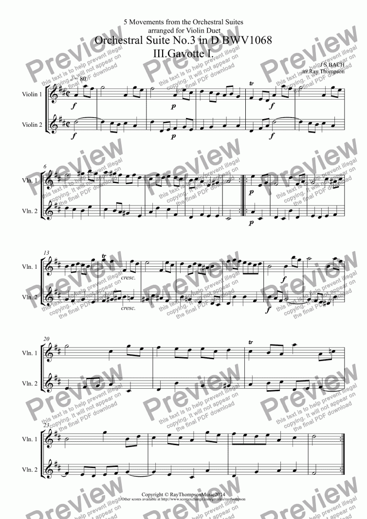 page one of Bach: 5 Movements from Orchestral Suites Nos.2 & 3: Suite no.3 (D major): Gavotte I,Gavotte II & Bourée - Suite No.2 (B minor): Menuet & Badinerie (violin duet)