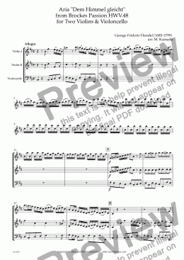 page one of Aria "Dem Himmel gleicht" from Brockes Passion HWV.48 for Two Violins & Violoncello
