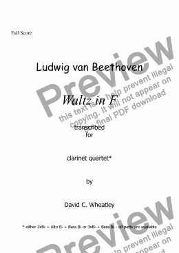 page one of Beethoven - Waltz in F for clarinet quartet