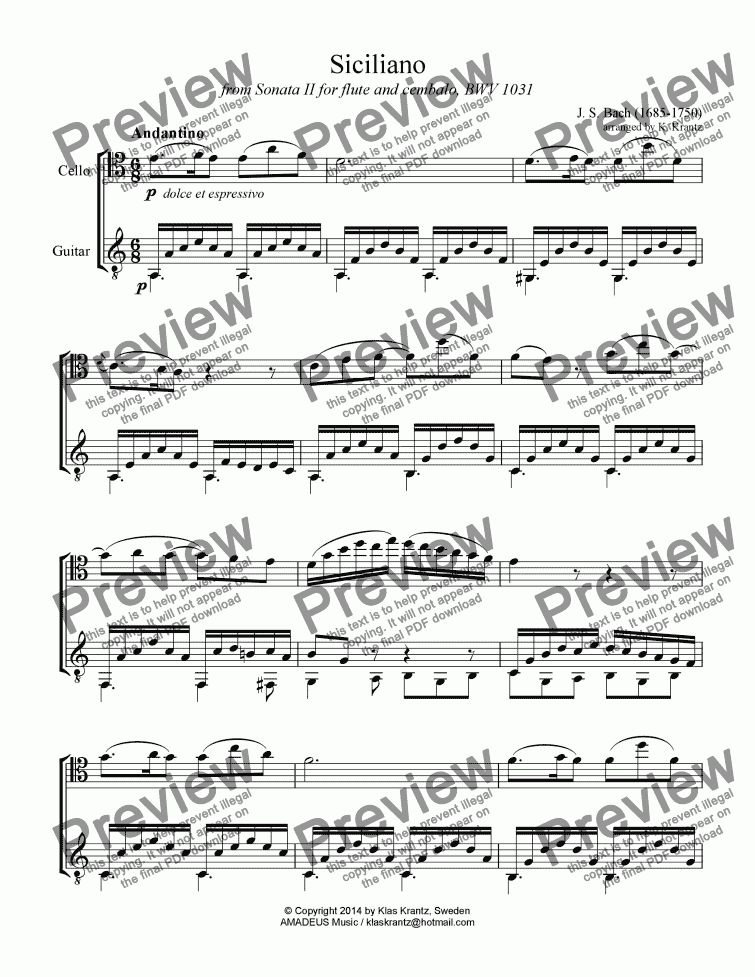 page one of Siciliano (A Minor) BWV 1031 for cello and guitar