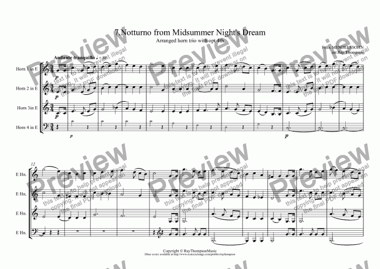 page one of Midsummer Night’s Dream: 7.Notturno (Nocturne)(short version:horn solo) arranged horn quartet