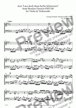 page one of Aria "Lass doch diese herbe Schmerzen" from Brockes Passion HWV.48 for Violin & Violoncello