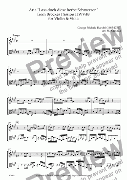 page one of Aria "Lass doch diese herbe Schmerzen" from Brockes Passion HWV.48 for Violin & Viola