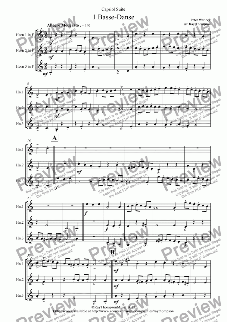 page one of Capriol Suite: 1.Basse-Danse (horn trio)