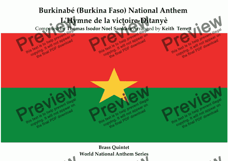 page one of Burkinabé (Burkina Faso) National Anthem  (Hymne national du Burkina Faso-Une Seule Nuit-L’Hymne de la victoire-Ditanyè) for Brass Quintet (World National Anthem Series)