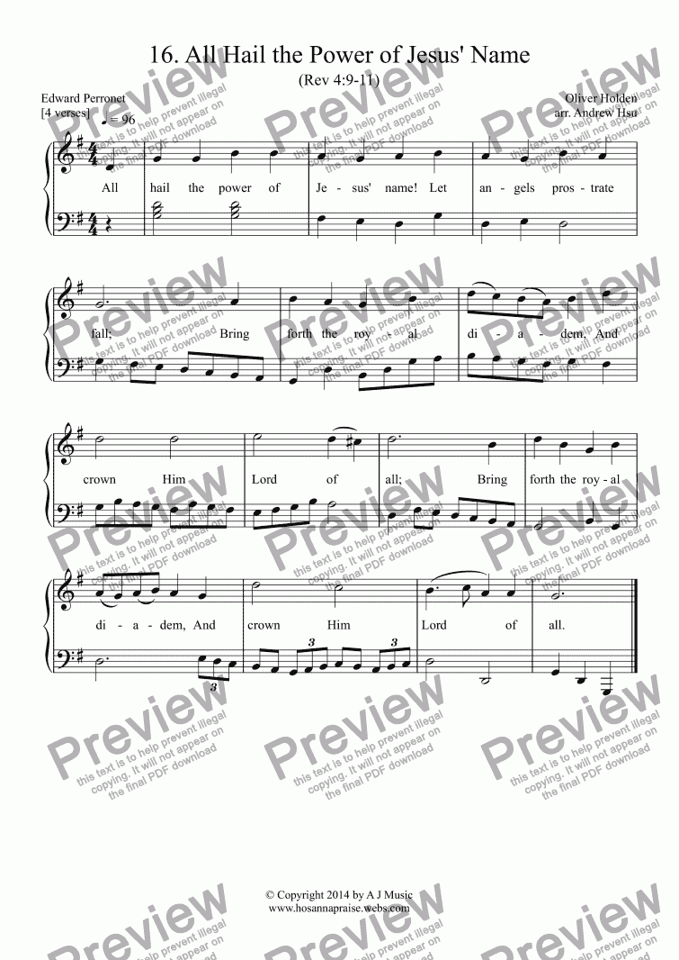 page one of All Hail the Power of Jesus' Name - Easy Piano 16