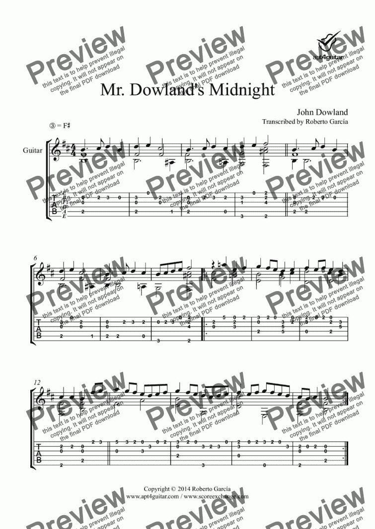 page one of Mr. Dowland’s Midnight for solo guitar