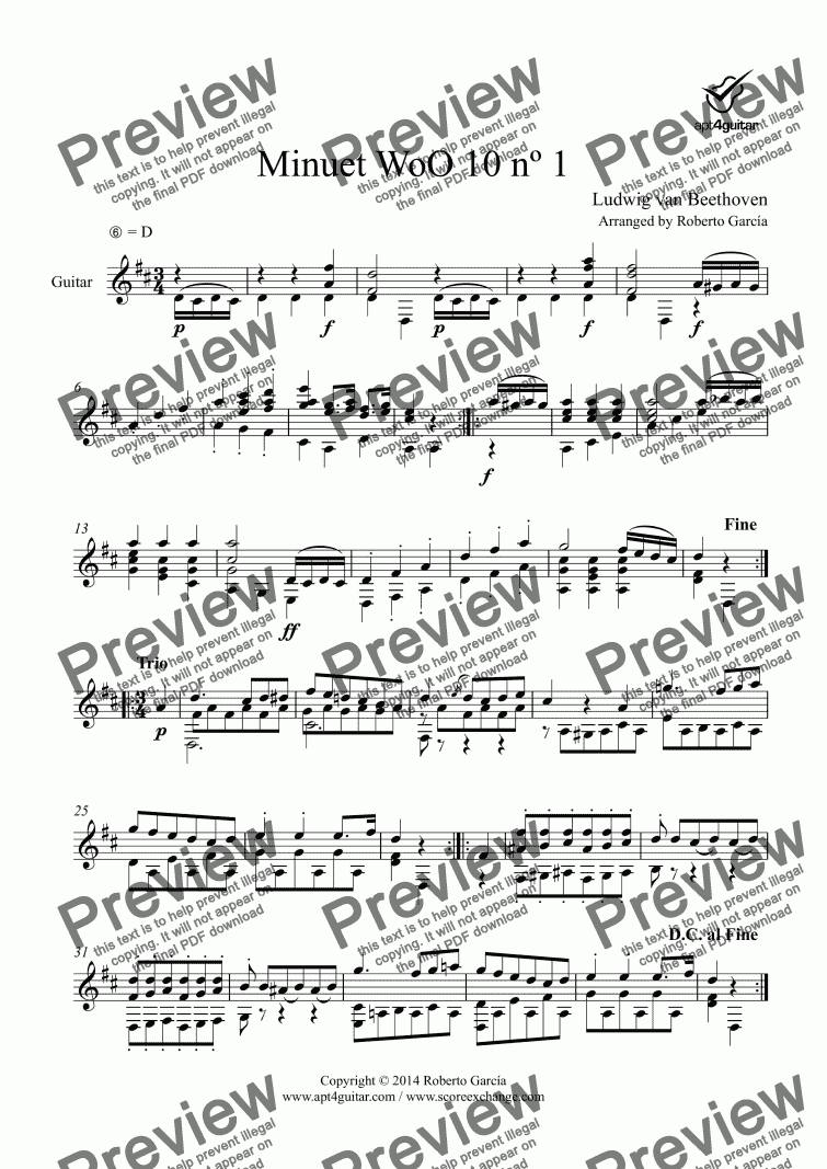 page one of Minuet WoO 10 nº 1 for solo guitar