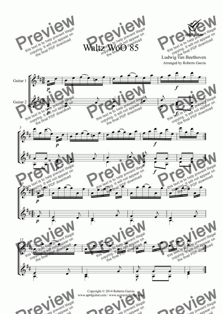 page one of Waltz WoO 85 for guitar duet