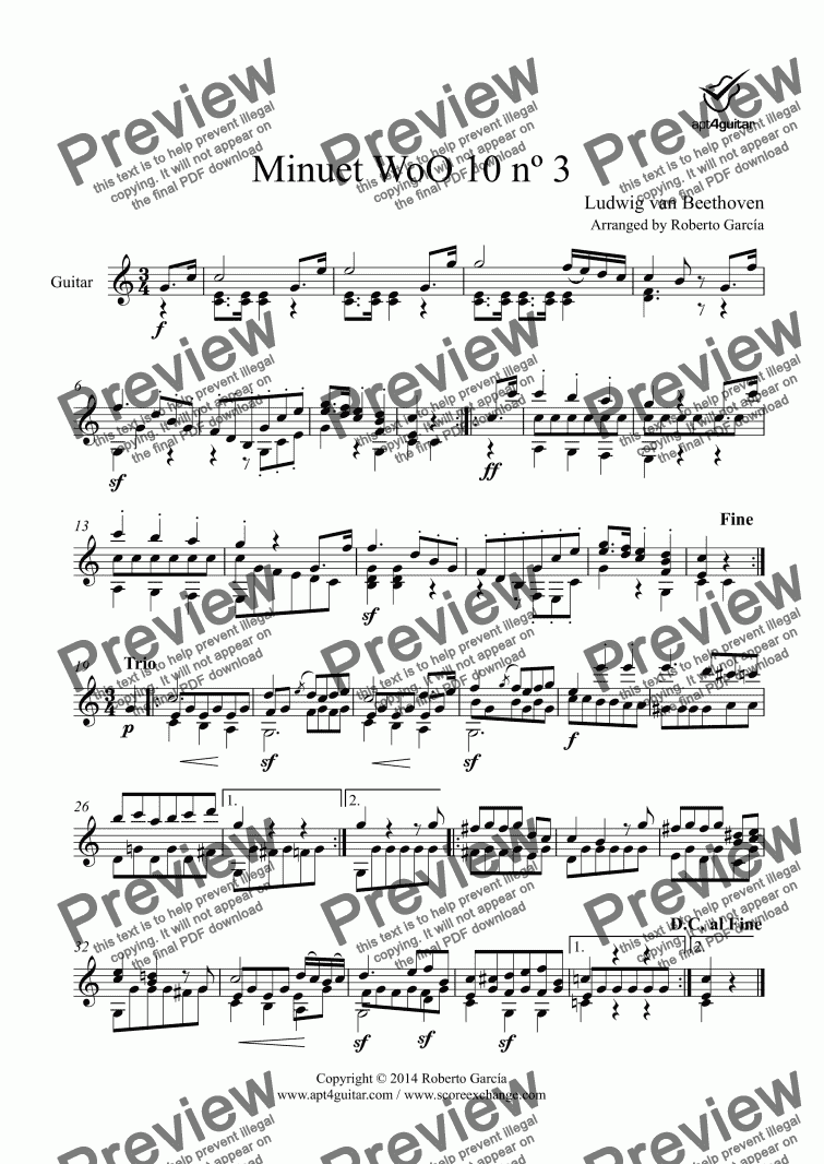 page one of Minuet WoO 10 nº 3 for solo guitar