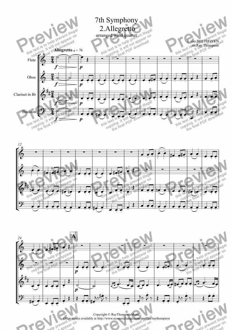 page one of Beethoven: 7th Symphony: Mvt.2. Allegretto (arranged wind quartet)