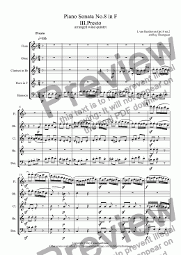 page one of Beethoven: Piano Sonata No.6 in F (Opus 10 No.2): Mvt. III Presto (complete) (arranged wind quintet)