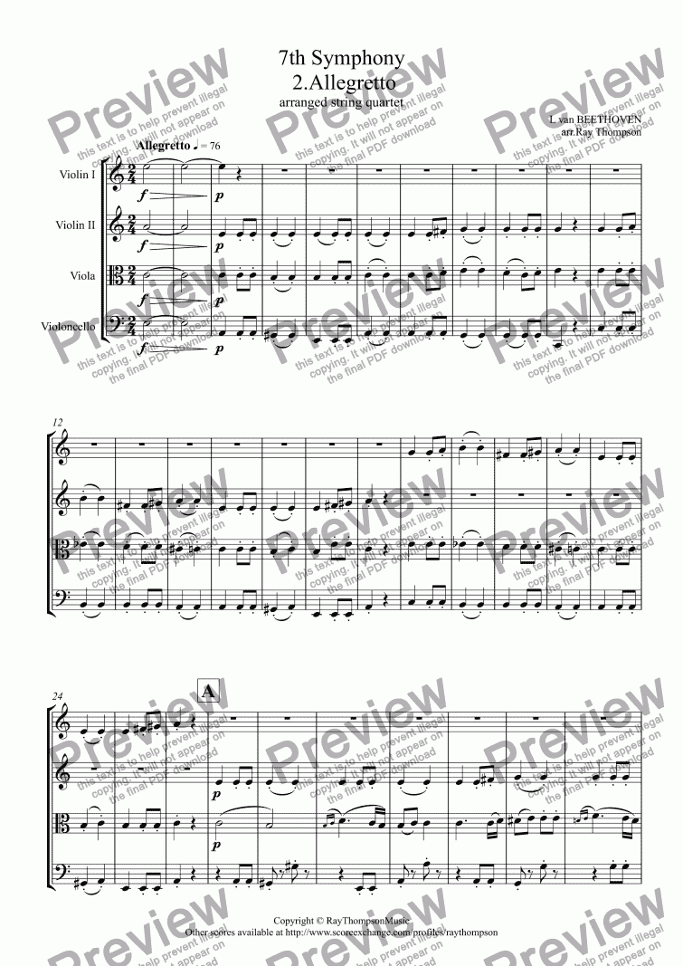 page one of Beethoven: 7th Symphony: Mvt.2. Allegretto - string quartet