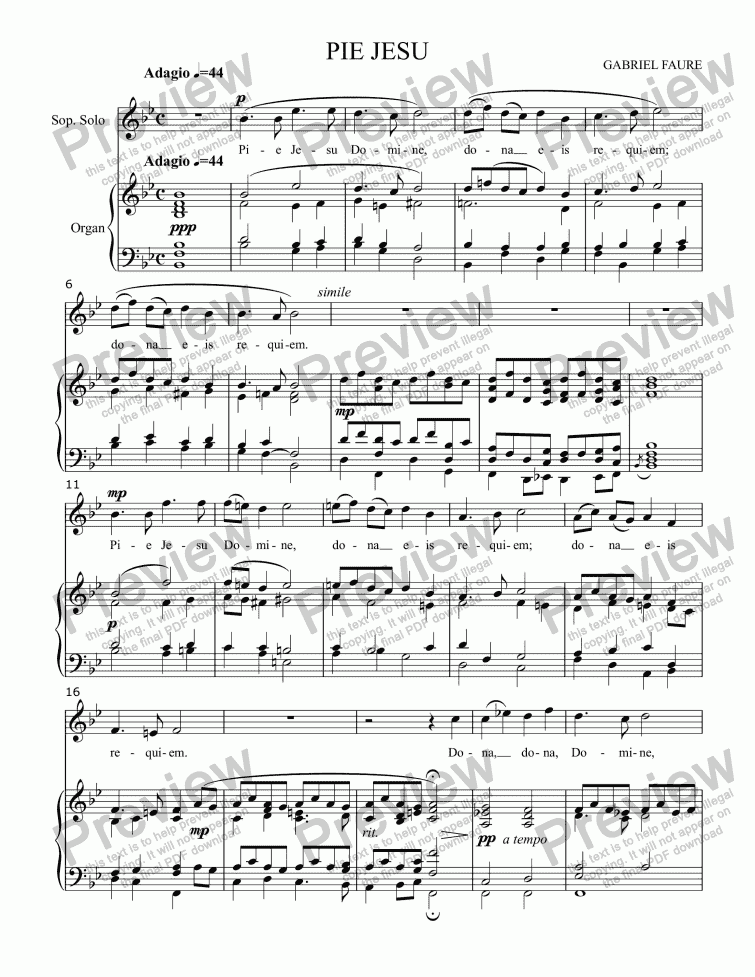 page one of Pie Jesu (FAURE) from REQUIEM in D Minor, Opus 48, for Vocal Solo (Soprano) with Organ accompaniment, arr. by Pamela Webb Tubbs