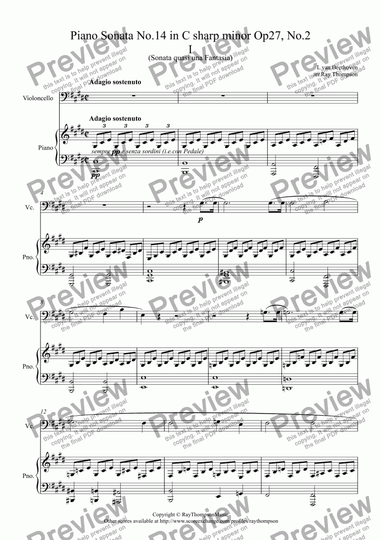 page one of Beethoven: Piano Sonata No.14 in C sharp minor Op27, No.2 Mvt. I.Adagio Sostenuto (Moonlight Sonata) arranged violoncello and piano