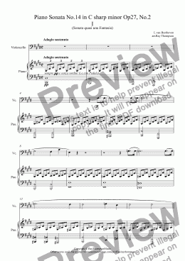 page one of Beethoven: Piano Sonata No.14 in C sharp minor Op27, No.2 Mvt. I.Adagio Sostenuto (Moonlight Sonata) arranged violoncello and piano