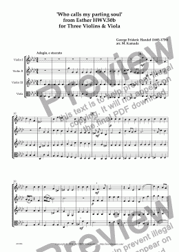 page one of ’Who calls my parting soul’ from Esther HWV.50b for Three Violins & Viola
