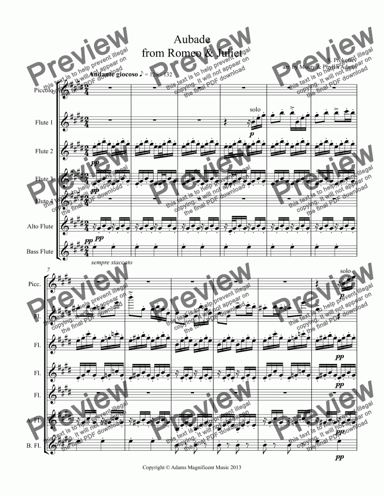 page one of Aubade  from Romeo & Juliet for Flute Choir