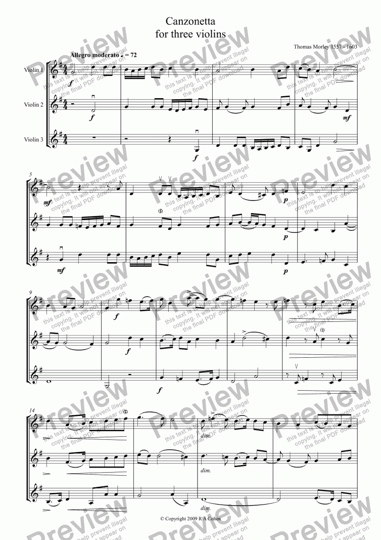 page one of Morley - CANZONETTA - for three violins