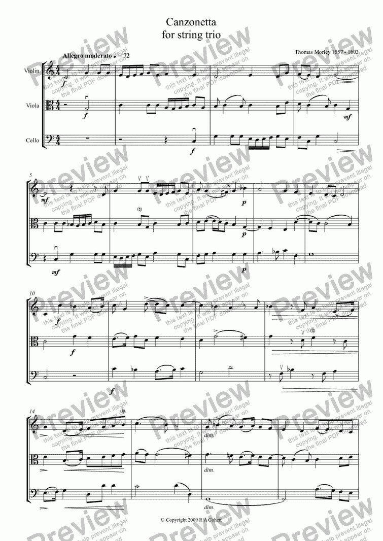 page one of Morley - CANZONETTA - for string trio