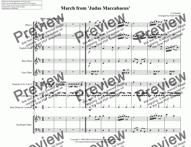 page one of March from ’Judas Maccabaeus’ for Oboe Quartet, Keyboard & Percussion