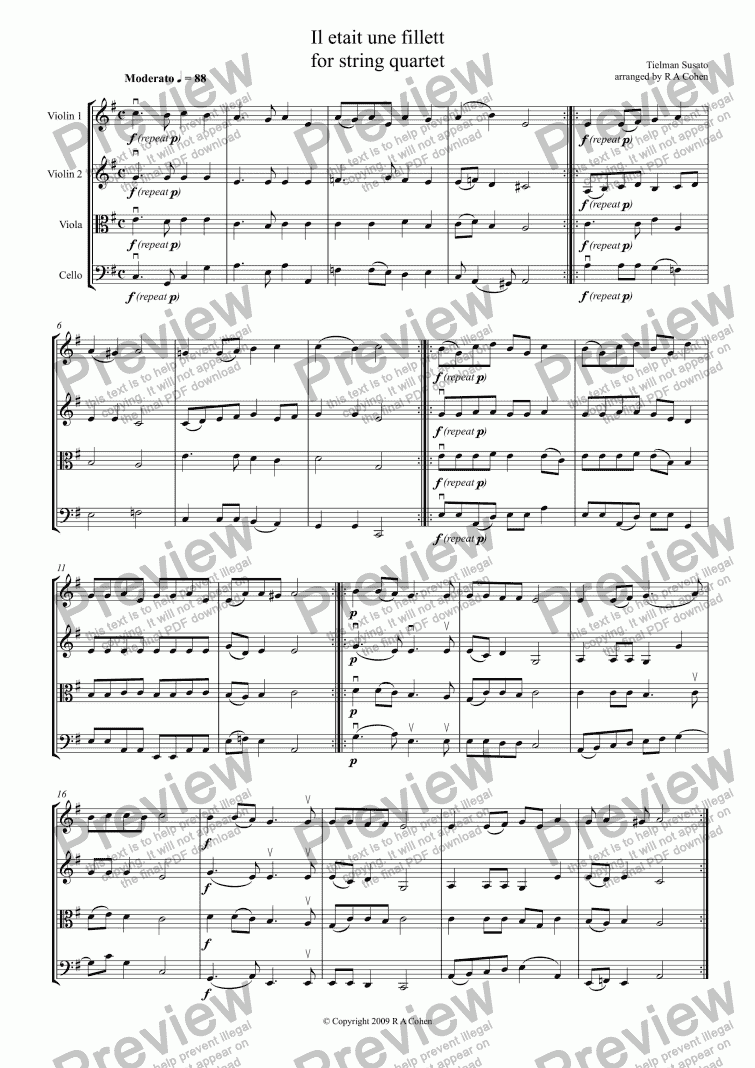 page one of Susato - IL ETAIT UNE FILLET - for string quartet