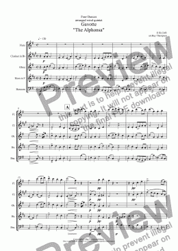 page one of Elgar: Four Dances: 2.Gavotte "The Alphonsa": written for a quintet of 2 flutes,oboe,clarinet and bassoon (arranged wind quintet)