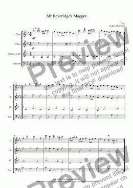 page one of Mr Beveridge’s Maggot: (Dance from BBC Pride and Prejudice TV mini series): arranged wind quartet